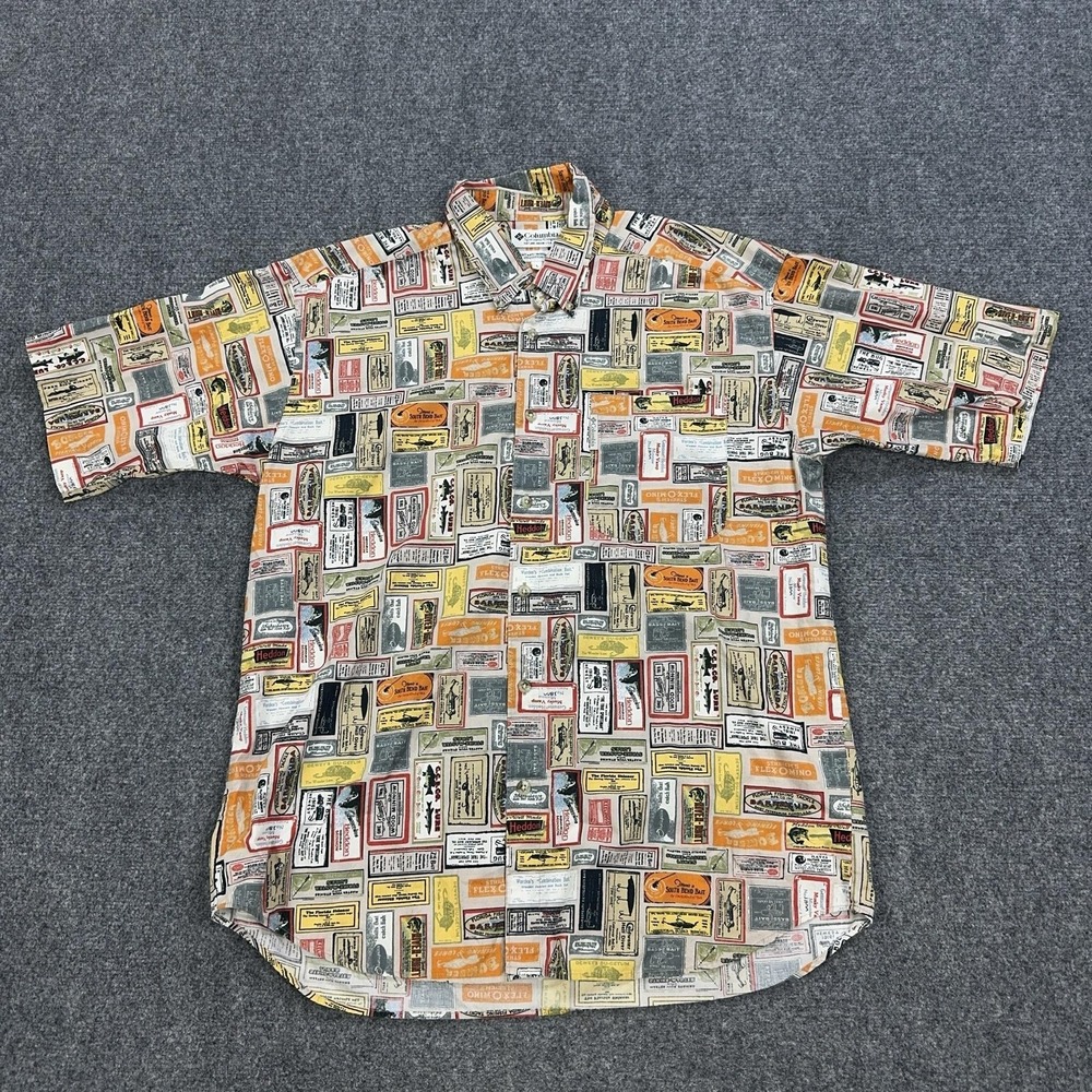 Columbia Shirt Mens L Multicolor Fishing Lure Cotton Short Sleeve Button‎ Front